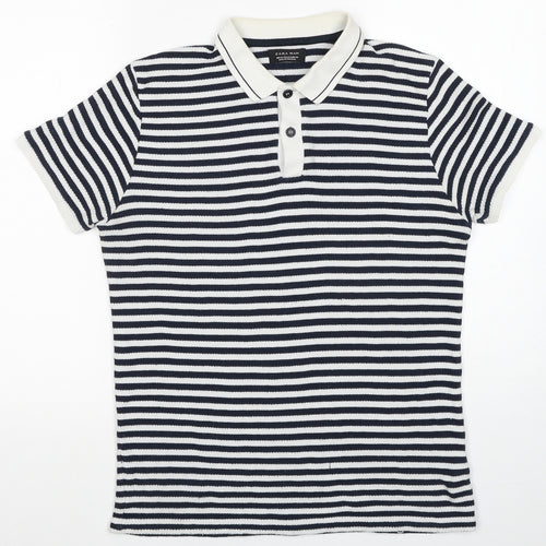 Zara Mens Blue Striped Cotton Polo Size M Collared Button