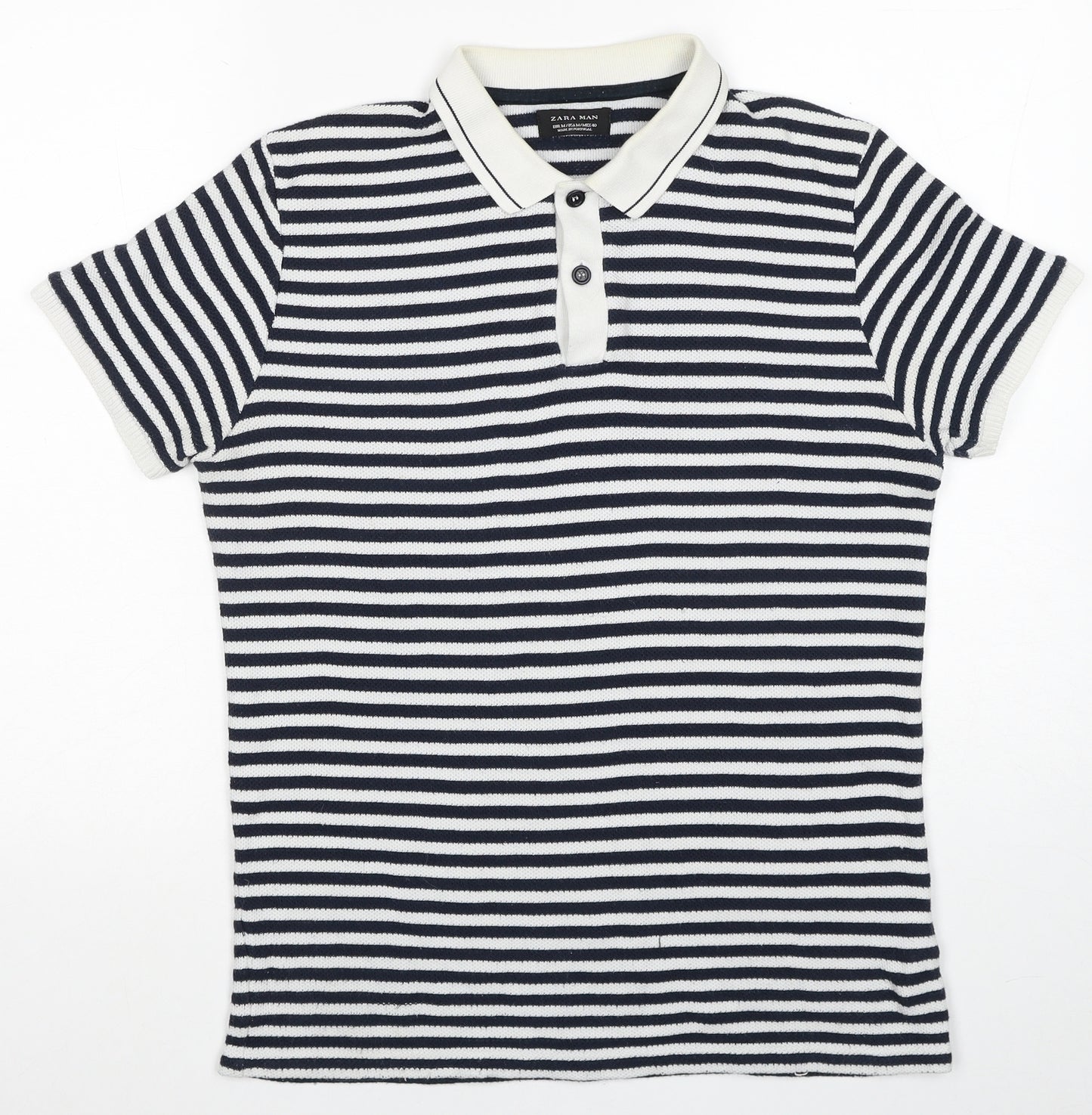 Zara Mens Blue Striped Cotton Polo Size M Collared Button