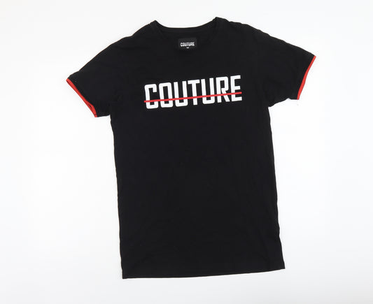 Couture Mens Black Cotton T-Shirt Size M Round Neck Push Lock
