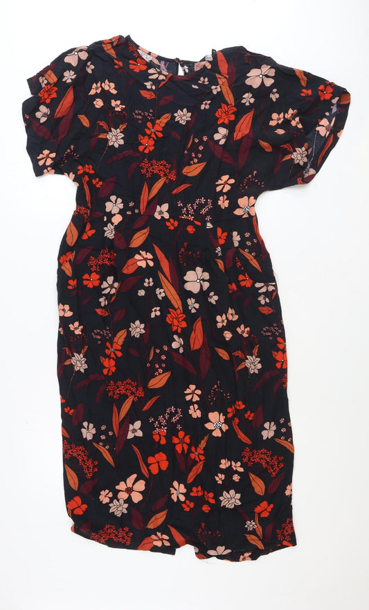 Debenhams Womens Black Floral Polyester A-Line Size 14 Round Neck Zip