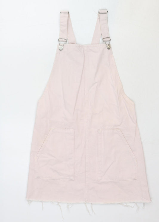 Topshop Womens Pink Cotton Pinafore/Dungaree Dress Size 8 Square Neck Button