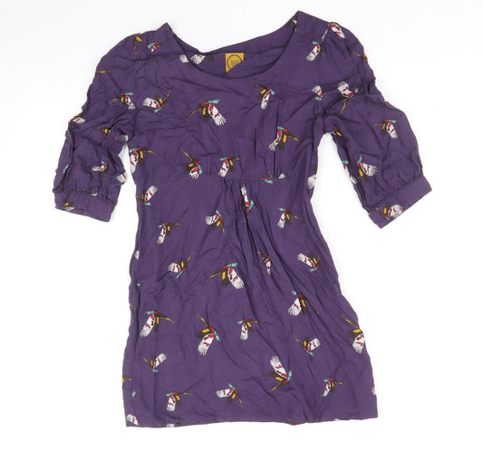 Joules Womens Purple Geometric Viscose Tunic Blouse Size 6 Round Neck - Bird Print