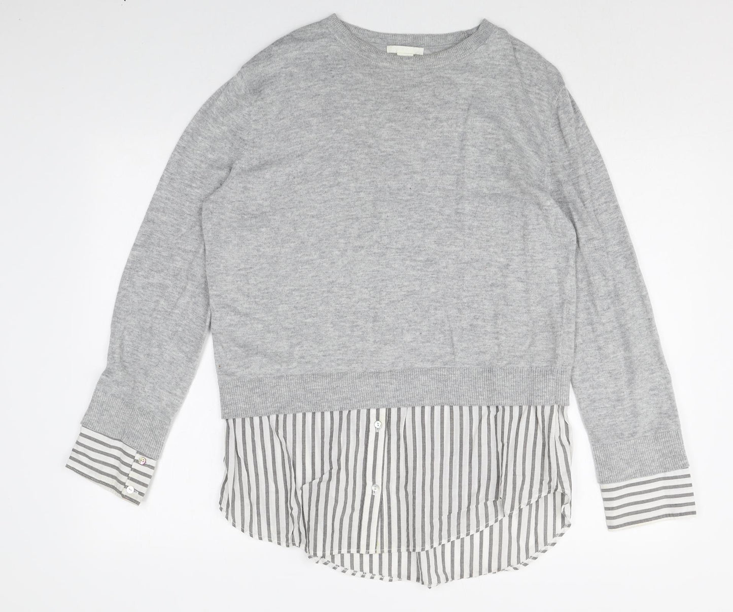 H&M Womens Grey Crew Neck Striped Cotton Pullover Jumper Size S Button