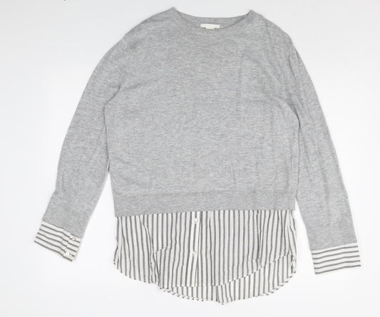 H&M Womens Grey Crew Neck Striped Cotton Pullover Jumper Size S Button