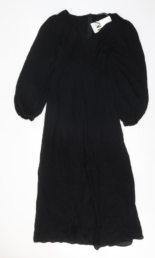 Zara Womens Black Animal Print Polyamide A-Line Size S V-Neck Button - Spotted