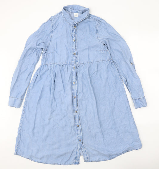 H&M Womens Blue Lyocell Shirt Dress Size S Collared Button