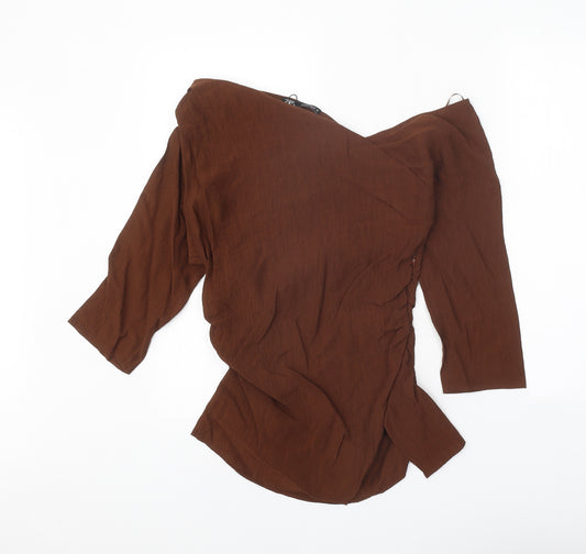 Zara Womens Brown Viscose Basic Blouse Size S V-Neck - Asymmetric