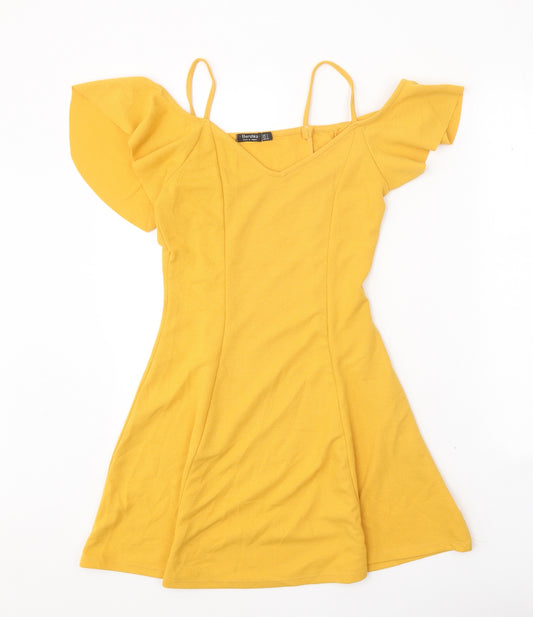 Bershka Womens Yellow Polyester Skater Dress Size S V-Neck Pullover