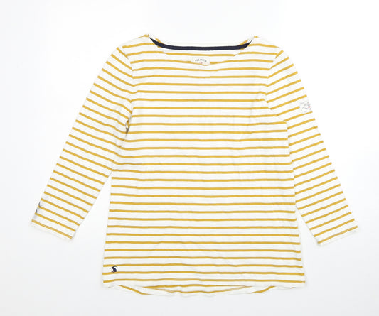 Joules Womens Yellow Striped Cotton Basic Blouse Size 12 Round Neck