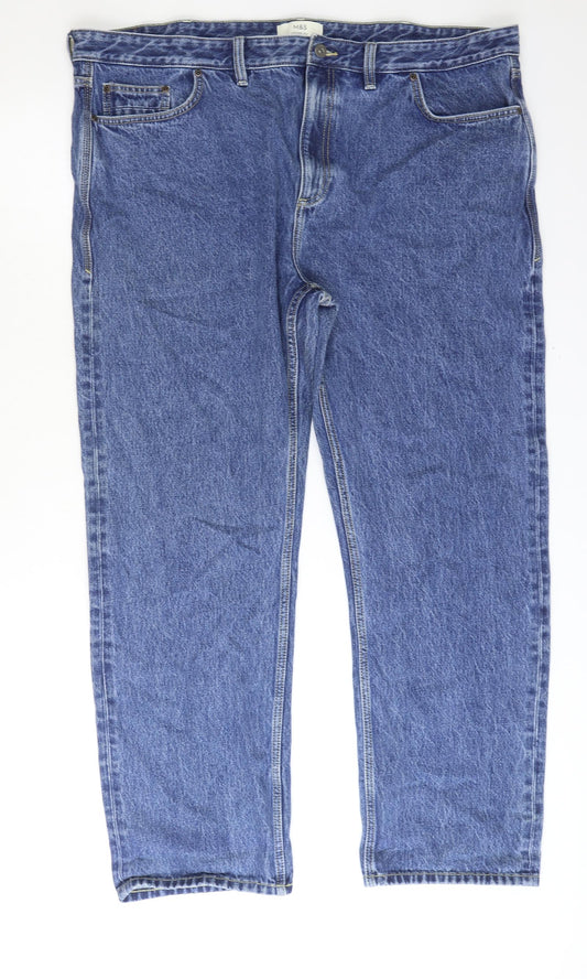 Marks and Spencer Mens Blue Cotton Straight Jeans Size 44 in Regular Zip - Loose Fit