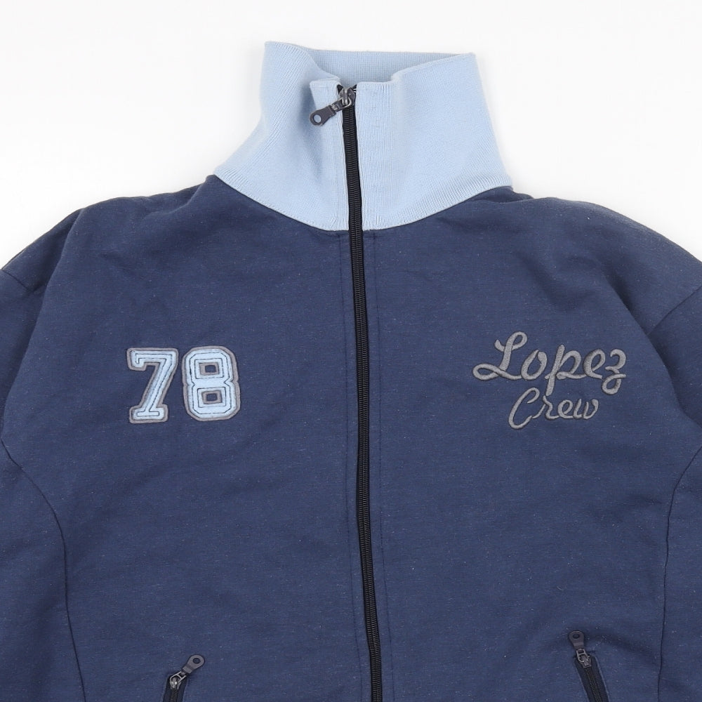 Warren Webber Womens Blue Cotton Full Zip Sweatshirt Size M Zip - High Neck Zipped Pockets Embroidered Applique 78 Lopez Crew