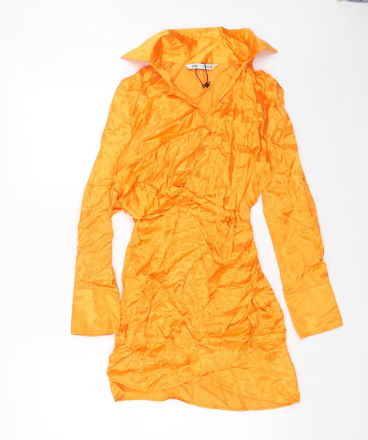 Zara Womens Orange Polyester A-Line Size S Collared Button