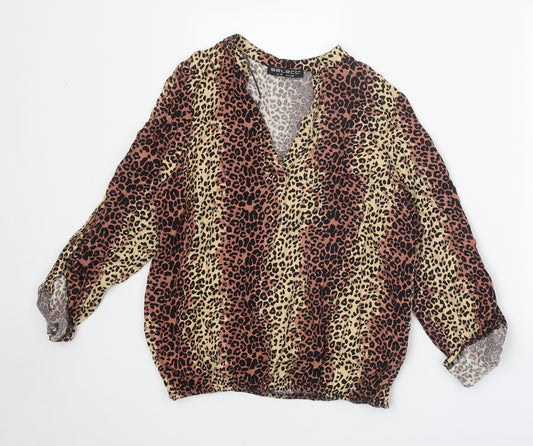 Select Womens Brown Animal Print Viscose Basic Blouse Size 12 V-Neck - Leopard Print
