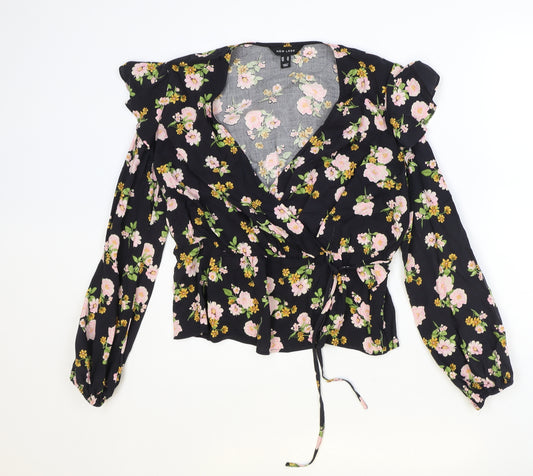 New Look Womens Black Floral Polyester Wrap Blouse Size 14 V-Neck