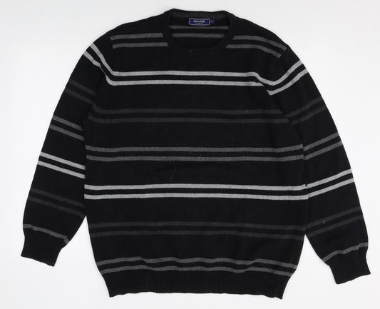 Maine Mens Black Round Neck Striped Acrylic Pullover Jumper Size L Long Sleeve