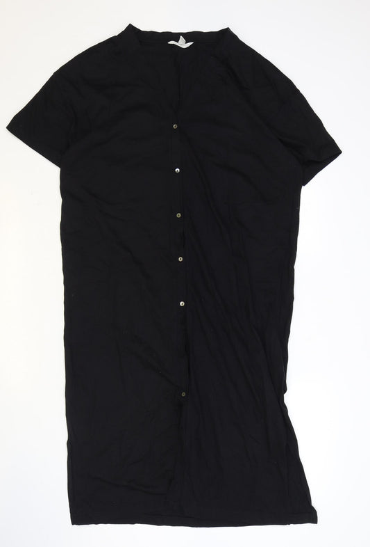 H&M Womens Black 100% Cotton T-Shirt Dress Size M V-Neck Button