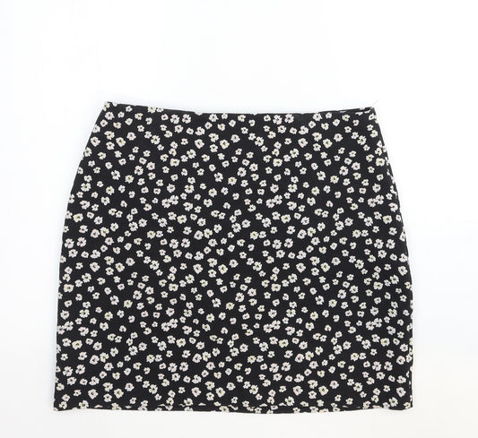Dorothy Perkins Womens Black Floral Cotton Mini Skirt Size 14 Zip