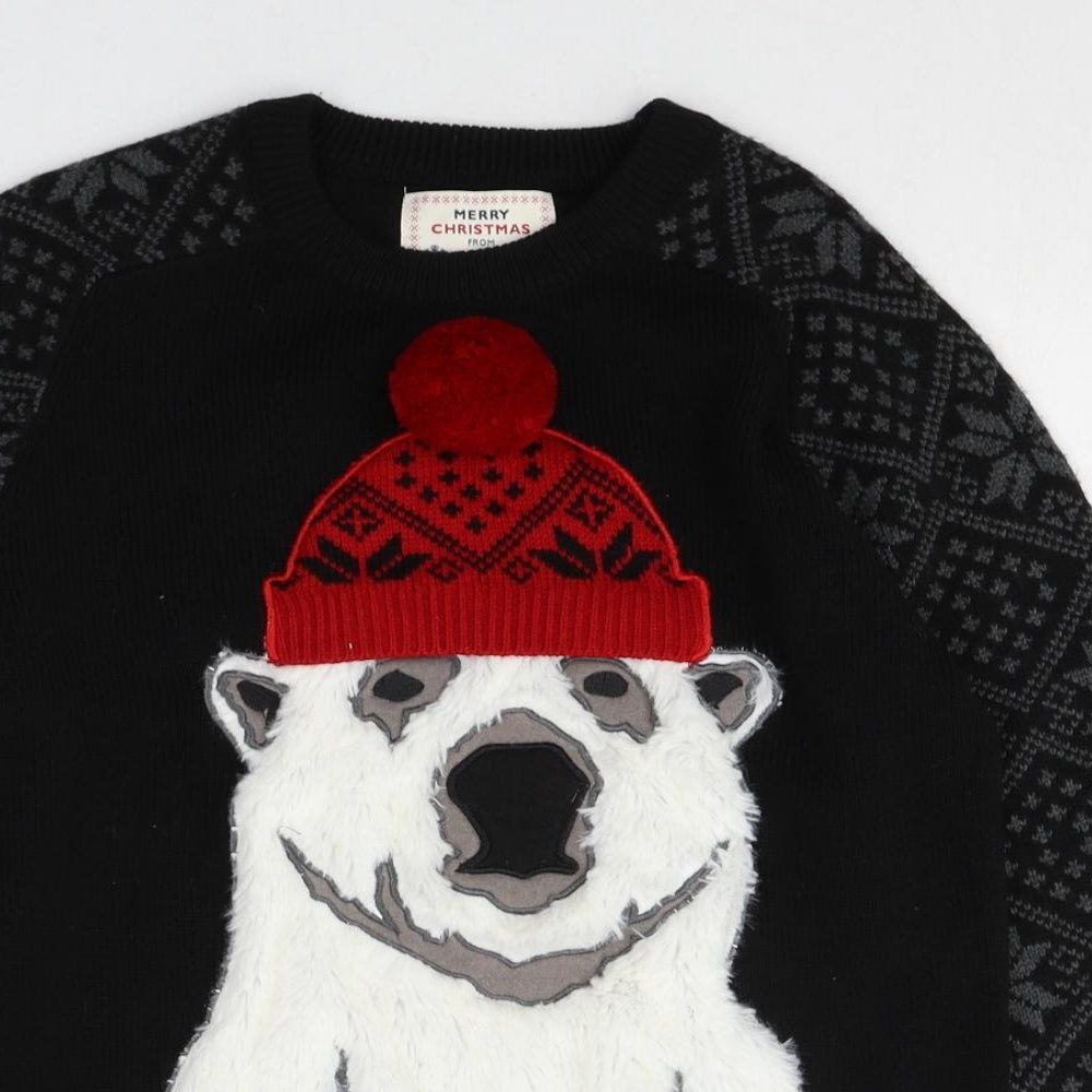 NEXT Mens Black Round Neck Geometric Acrylic Pullover Jumper Size XS Long Sleeve Pullover - Polar Bear