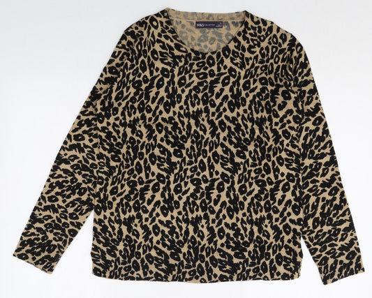 Marks and Spencer Womens Brown Round Neck Animal Print Acrylic Pullover Jumper Size 12 Pullover - Leopard Print