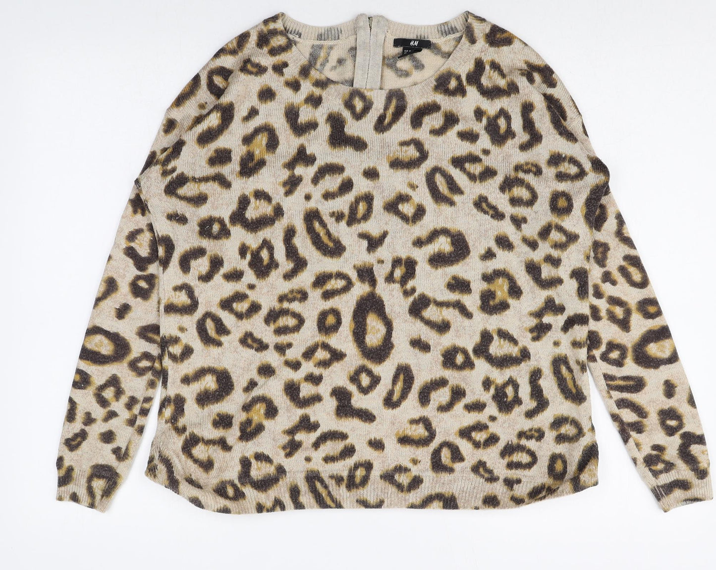 H&M Womens Multicoloured Round Neck Animal Print Acrylic Pullover Jumper Size M Zip - Leopard Print Zip