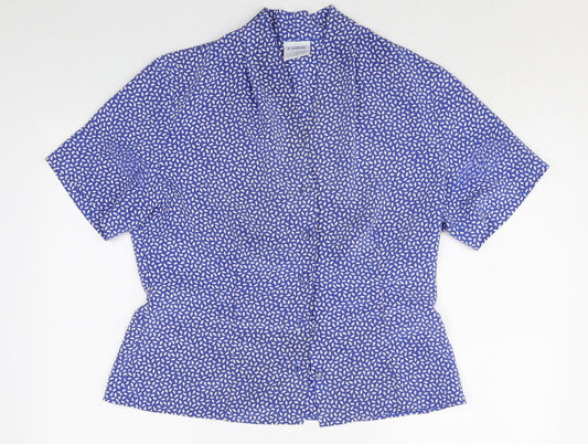 Eastex Womens Blue Geometric Polyester Basic Button-Up Size 14 V-Neck