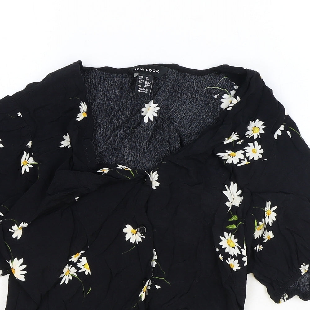 New Look Womens Black Floral Viscose Basic Blouse Size 8 V-Neck - Daisy