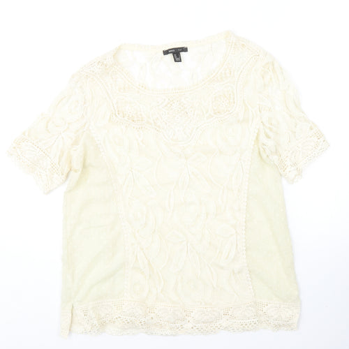 Mango Womens Ivory Polyester Basic Blouse Size L Round Neck - Crochet Detail