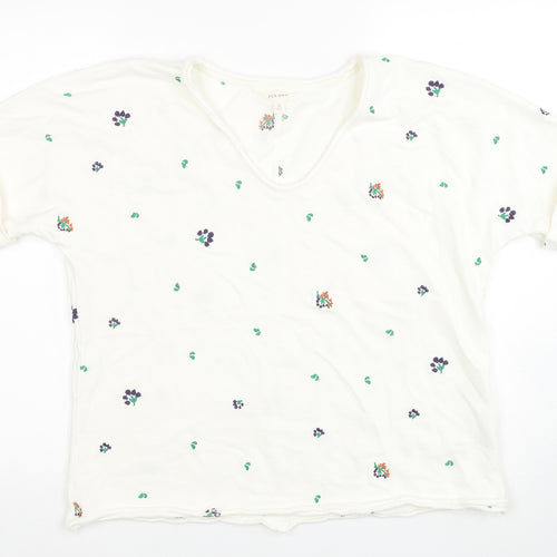 Per Una Womens White Floral Cotton Basic T-Shirt Size 12 V-Neck