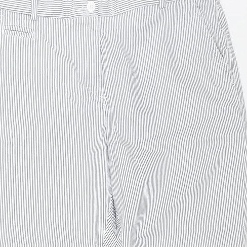 Marks and Spencer Womens White Striped Cotton Trousers Size 18 L21 in Regular Button - Cuffed Hems