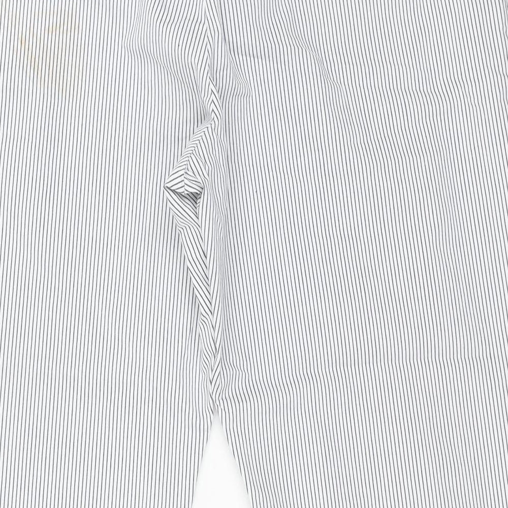 Marks and Spencer Womens White Striped Cotton Trousers Size 18 L21 in Regular Button - Cuffed Hems