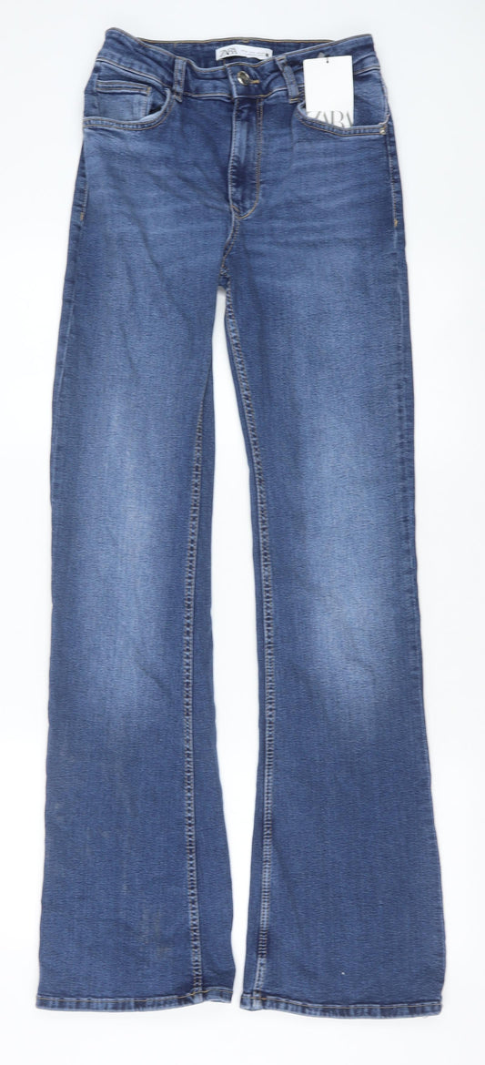 Zara Womens Blue Cotton Flared Jeans Size 10 Regular Zip