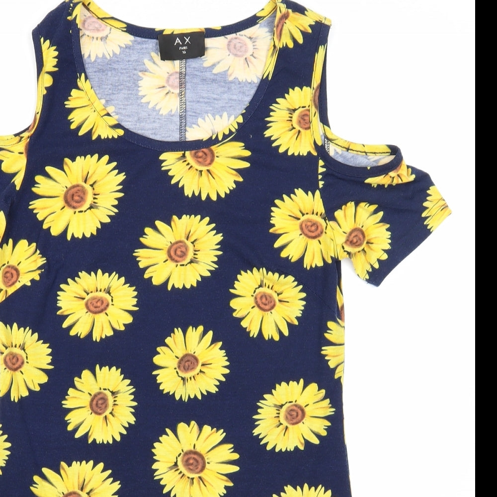 AX Paris Womens Blue Floral Polyester Mini Size 10 Round Neck Pullover - Cold Shoulder
