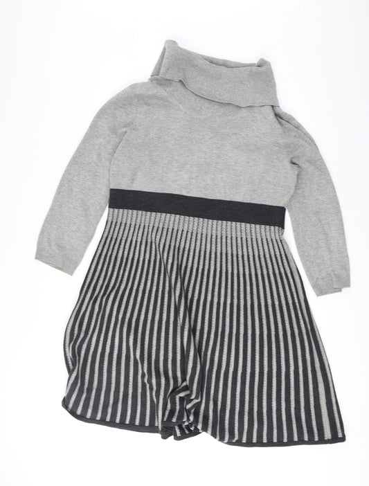 Calvin Klein Womens Grey Striped Acrylic Jumper Dress Size XL Roll Neck Pullover