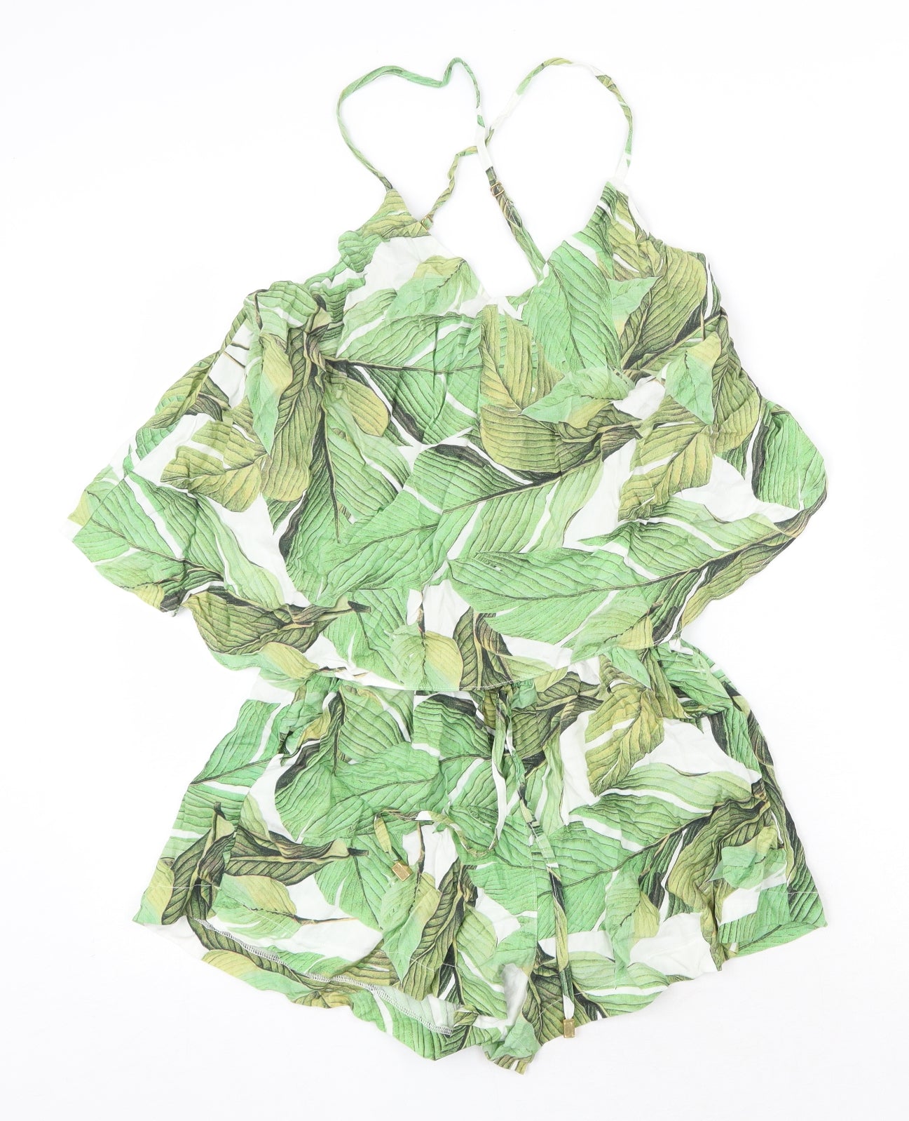 NEXT Womens Green Geometric Viscose Playsuit One-Piece Size 12 Tie - Leaf Print