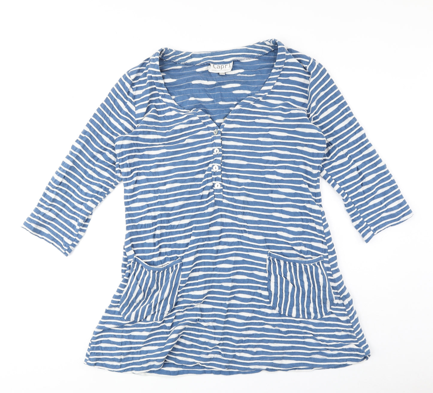 Capri Womens Blue Striped 100% Cotton Basic T-Shirt Size S V-Neck