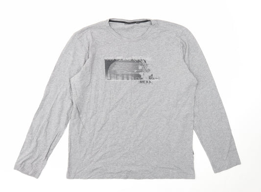 Mexx Mens Grey Cotton T-Shirt Size L Round Neck Push Lock - Logo Detail