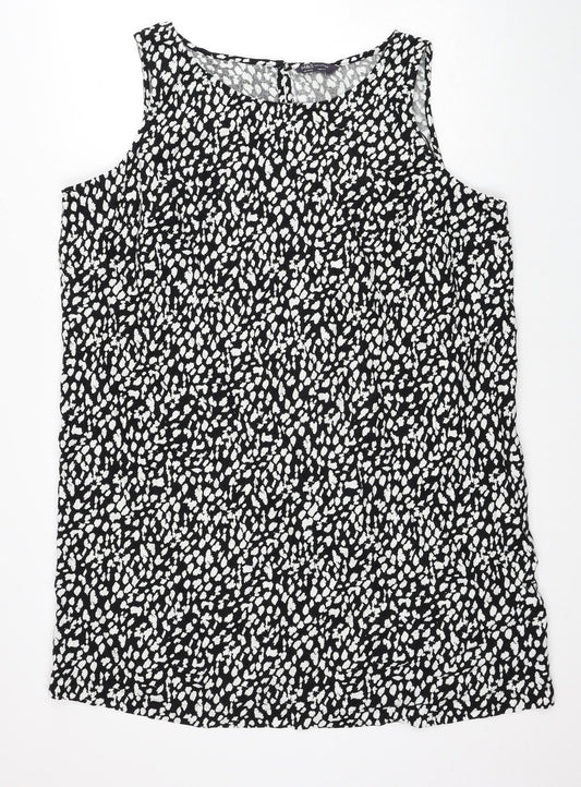 Marks and Spencer Womens Black Animal Print Linen Tank Dress Size 20 Boat Neck Button