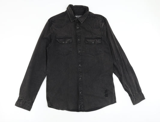 River Island Mens Black Cotton Button-Up Size S Collared Snap