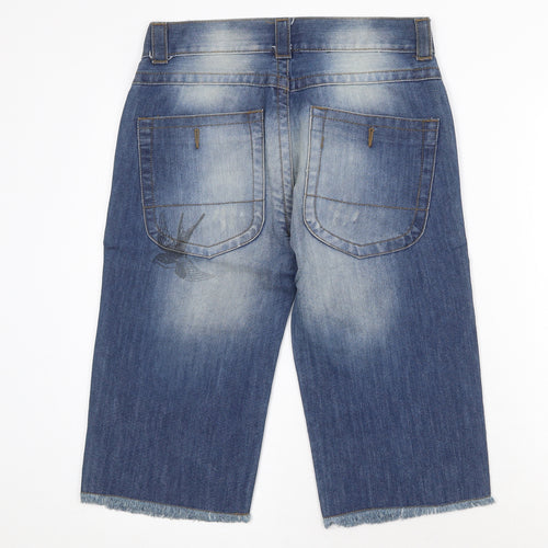 Denim & Co. Womens Blue Cotton Bermuda Shorts Size 8 Regular Zip - Raw Hems Patches Graphic Prints