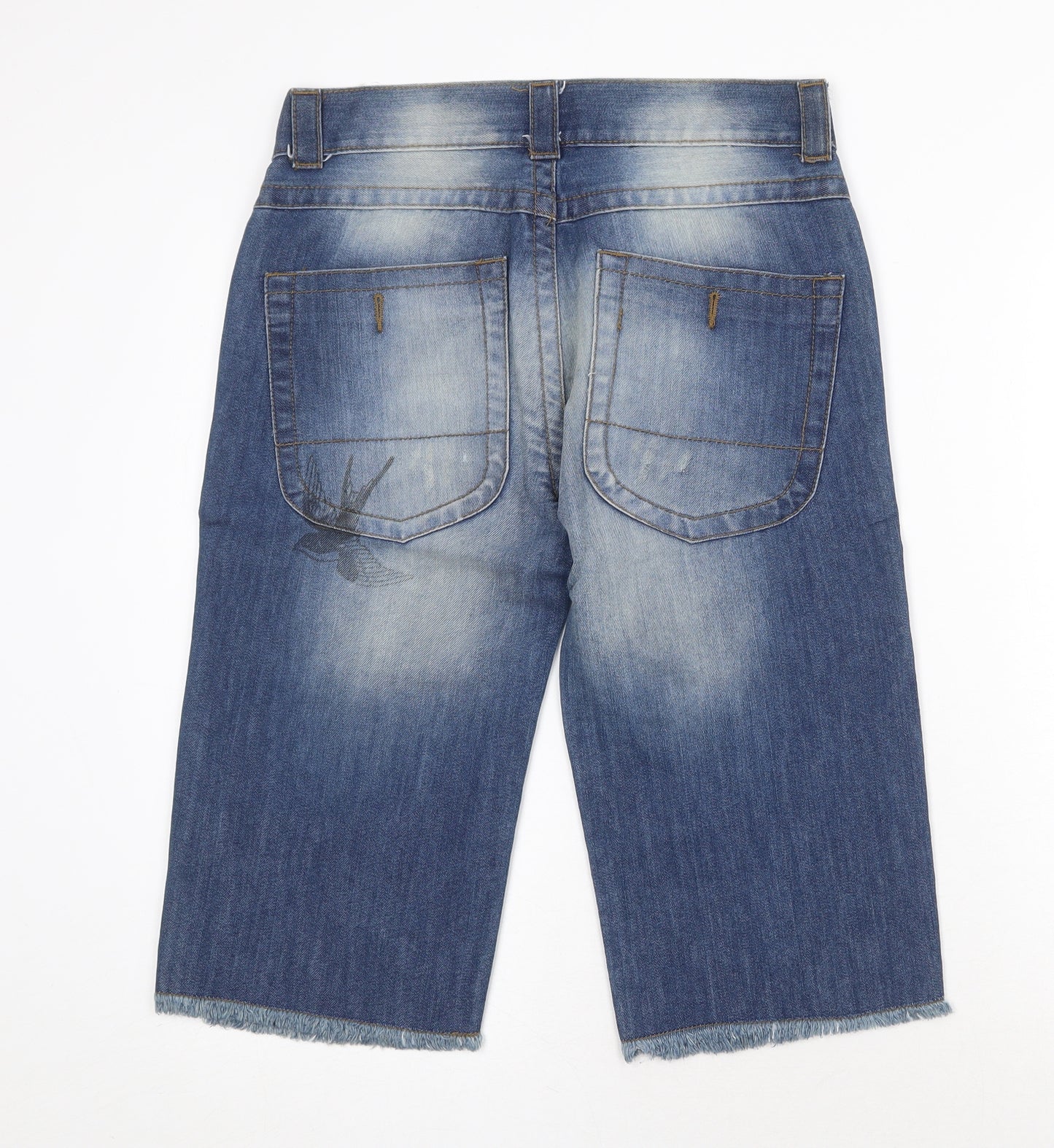 Denim & Co. Womens Blue Cotton Bermuda Shorts Size 8 Regular Zip - Raw Hems Patches Graphic Prints