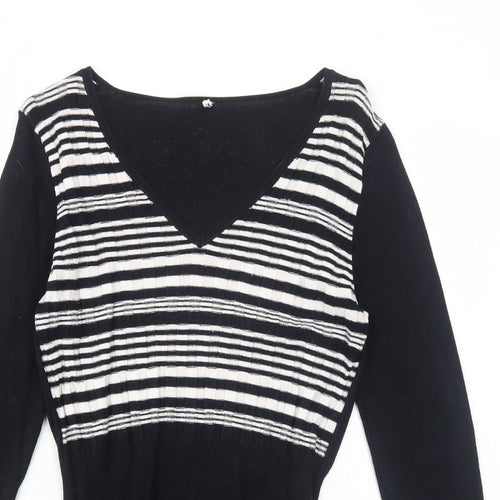 NEXT Womens Black V-Neck Viscose Pullover Jumper Size 14 Pullover - Stripe Front