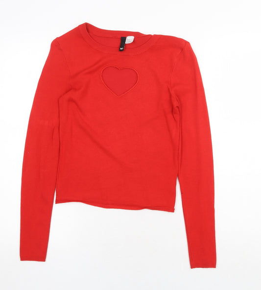 H&M Womens Red Crew Neck Viscose Pullover Jumper Size M - Cut Out Heart Detail