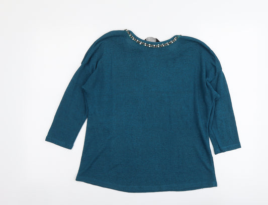 Dorothy Perkins Womens Blue Round Neck Acrylic Pullover Jumper Size 14 - Embellished Neckline