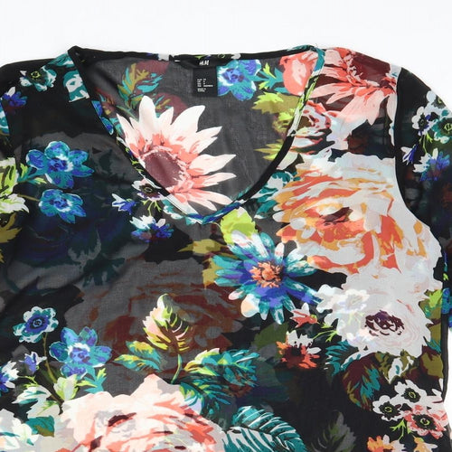 H&M Womens Black Floral Polyester Basic Blouse Size 6 V-Neck - Sheer