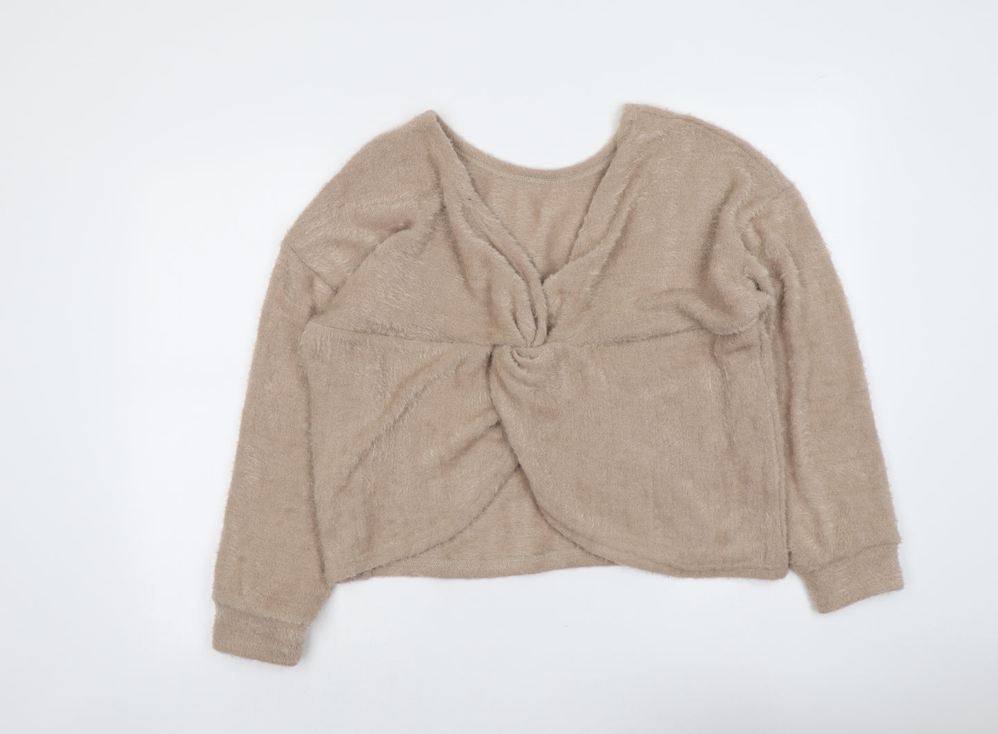 New Look Womens Beige V-Neck Polyester Pullover Jumper Size L - Fluffy Knot Detail