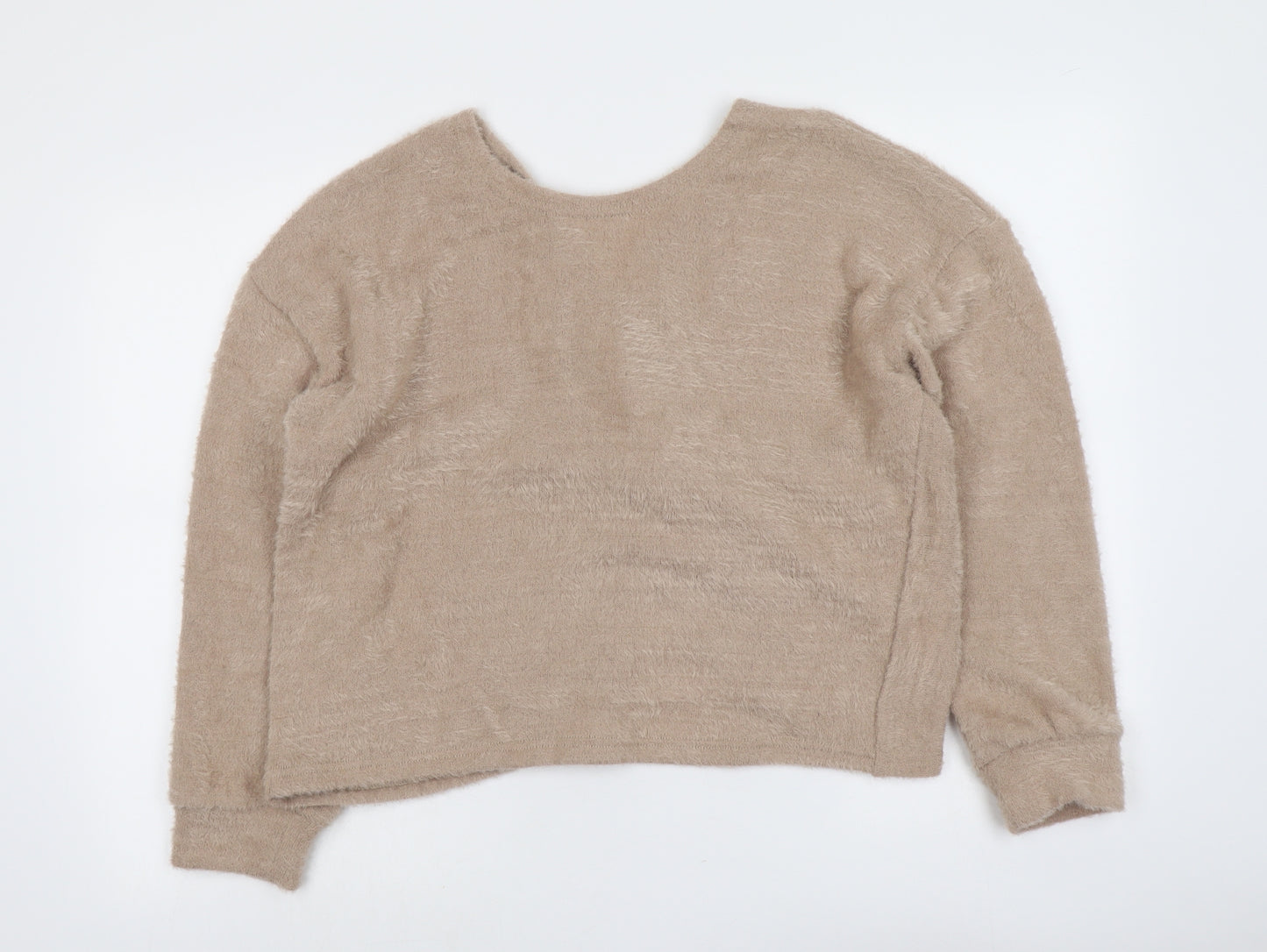 New Look Womens Beige V-Neck Polyester Pullover Jumper Size L - Fluffy Knot Detail