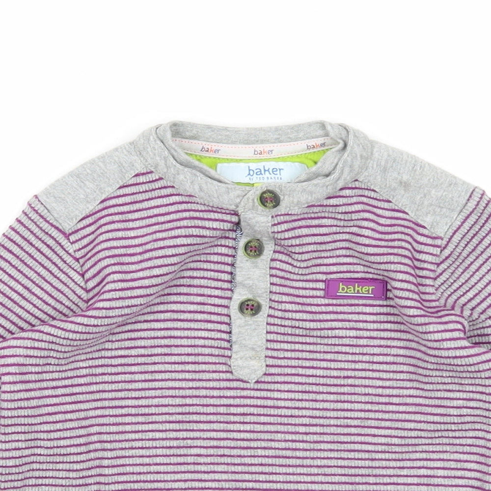 Ted Baker Boys Purple Striped Cotton Basic Polo Size 2-3 Years Round Neck Button