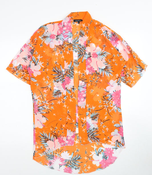 Boohoo Womens Orange Floral Polyester Kimono T-Shirt Size S V-Neck