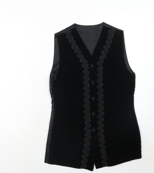 Marks and Spencer Womens Black Viscose Basic Button-Up Size 12 V-Neck - Embroidered