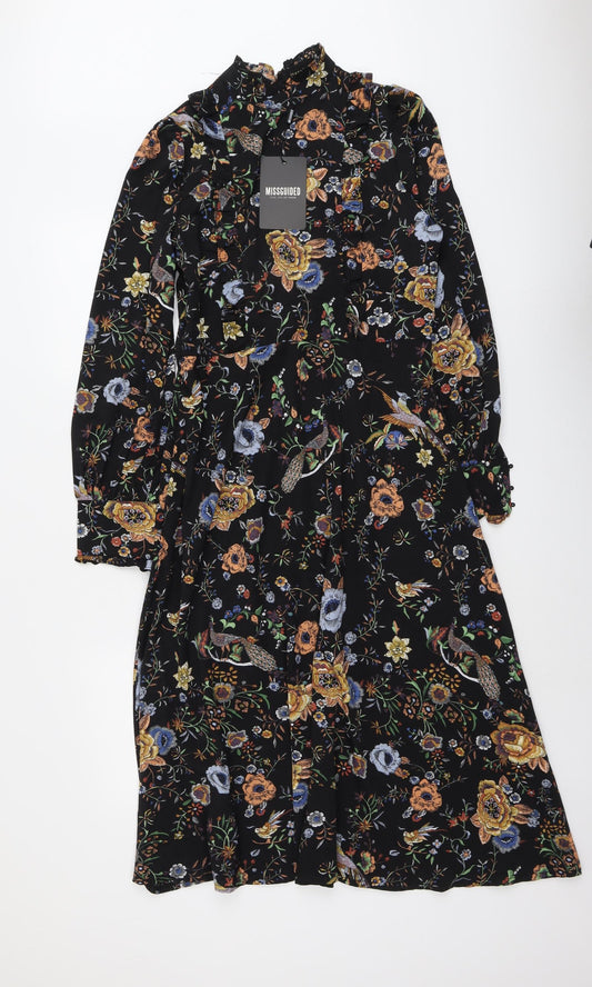 Missguided Womens Black Floral Polyester A-Line Size M Mock Neck Button